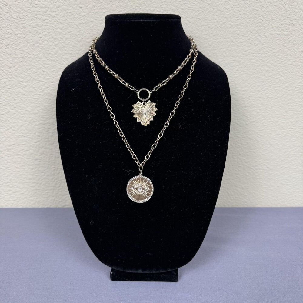 Necklace Gold Tone Layered Eye Heart Pendant Rhinestone Chain Womens 18 Inch